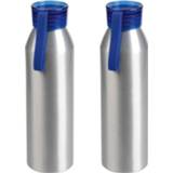 👉 Waterfles blauwe aluminium zilver kunststof 2x Stuks waterfles/drinkfles met schroefdop 650 ml