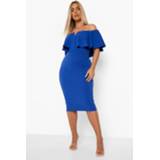 👉 Plus Off Shoulder Midi Jurk Met Ruches, Cobalt