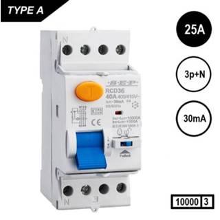 👉 Aardlekschakelaar 3polig+N 25A 30mA Type A 10 kA SEP RCD36 slechts 2 modulen breed