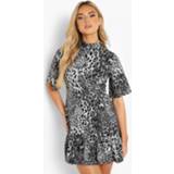 👉 Luipaardprint Skater Jurk Met Wijde Mouwen, Grey