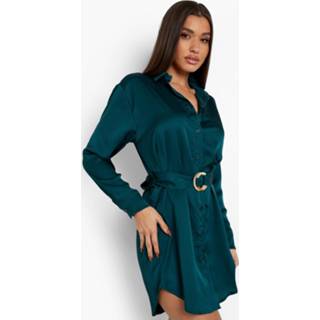 Satijnen Blouse Jurk Met Ceintuur, Emerald