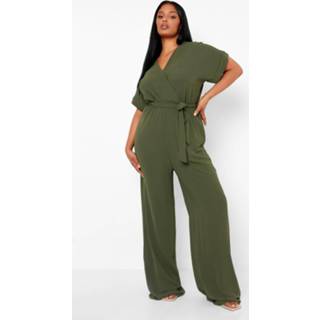 👉 Plus Geweven Wide Leg Jumpsuit Met Ceintuur, Khaki