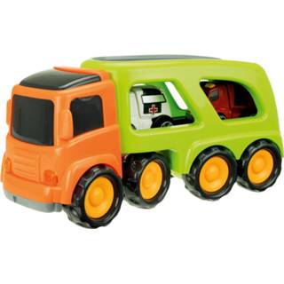 👉 Oranje groen kunststof Toi-toys Truck Met 2 Hulpdienstvoertuigen 45 Cm Oranje/groen 8714627727425