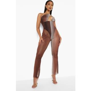 Asymmetrische Mesh Jumpsuit Met Wijde Pijpen, Chocolate