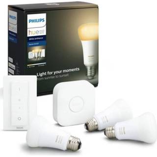 👉 Verbindingsbrug wit Philips Hue White Ambiance 3-gloeilamp Starterkit Met En Dimmerafstandsbediening - 10 W E27 8718699673345