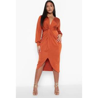 👉 Plus Gedraaide Midi Jurk Met Laag Decolleté, Burnt Orange