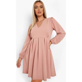👉 Plus Skater Jurk Met V-Hals En Geplooide Shirtmouwen, Rose