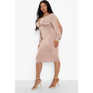 👉 Plus Strakke Wikkel Midi Jurk Met Uitsnijding, Stone