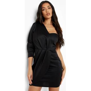 👉 Gedrappeerde Scuba Mini Jurk Met Eén Mouw, Black