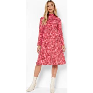 👉 Dalmatiërprint Midi Jurk Met Hoge Hals, Red