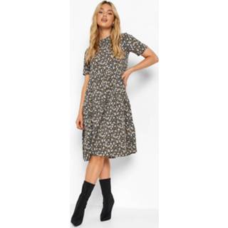 👉 Gesmokte Bloemen Midi Jurk, Black