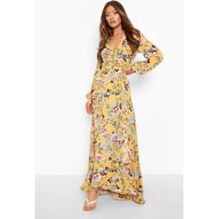 👉 Bloemen Wikkel Maxi Jurk Met Ceintuur, Yellow