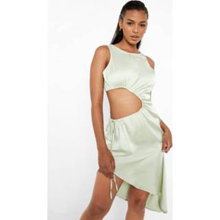 👉 Satin Side Ruched High Split Midi Dress, Lime