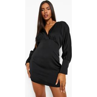 👉 Satijnen Mini Jurk Met Laag Decolleté En Vleermuismouwen, Black