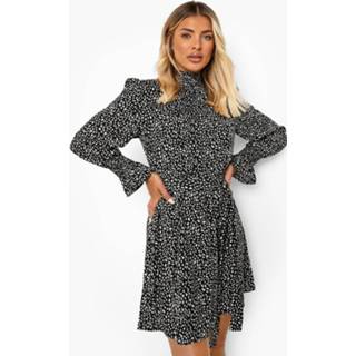 👉 Spot Print Shirred Neck Belted Skater Dress, Black