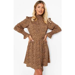 👉 Spot Print Shirred Neck Belted Skater Dress, Stone