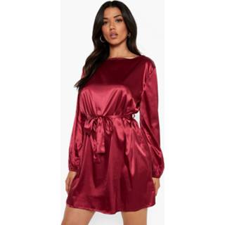 👉 Satijnen Geplooide Skater Jurk Met Riem, Raspberry