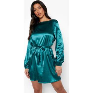 👉 Satijnen Geplooide Skater Jurk Met Riem, Bottle Green