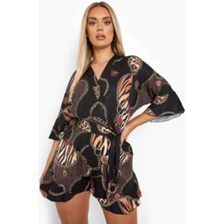 👉 Plus Ketting- En Dierenprint Romper Met Ruches, Black