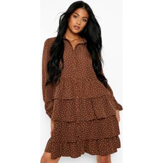 👉 Tall Bloemen Midi Blouse Jurk Met Laagjes En Stippen, Chocolate