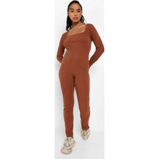 Dik Geribbelde Jumpsuit Met Vierkante Hals En Split, Chocolate