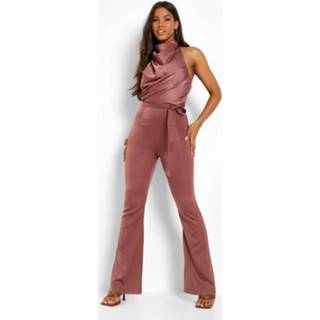 👉 Gedrappeerde Jumpsuit Met Halter Neck, Col En Wijde Pijpen, Rose