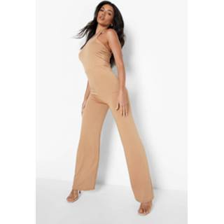 Strakke Wide Leg Jumpsuit Met Racer Hals, Tan Strakke Wide Leg Jumpsuit Met Racer Hals, Tan