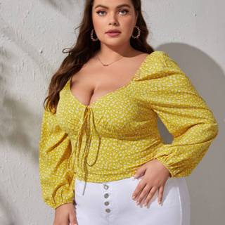 👉 Blous polyester geel Sexy Vrolijke Bloemetjes Grote maat blouse Geknoopt