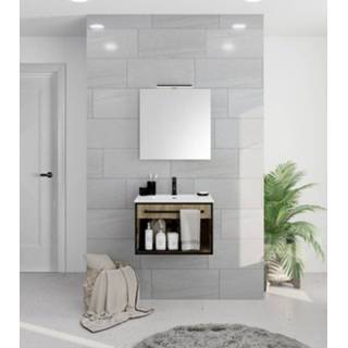 👉 Badmeubelset eiken hout Navarro zwart Thebalux Saga 60x45x42cm 1 kraangat wasbak met aluminium frame spiegel 60x60cm opbouwverlichting open vak mat Steel07 8718903003166