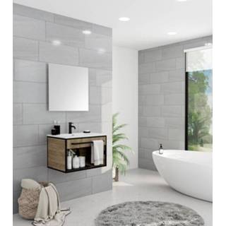 👉 Badmeubelset Navarro Eiken zwart hout Thebalux Saga 60x45x42cm 1 kraangat wasbak met spiegel matte kader 60x70cm open vak mat Steel10 8718903003128