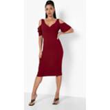 👉 Midi Jurk Met Uitgesneden Schouders En Geplooide Mouwen, Berry