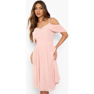 👉 Gedrappeerde Chiffon Midi Jurk Met Uitgesneden Schouders, Rose