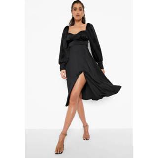 👉 Satijnen Midi Jurk Met Rug Veters En Split, Black