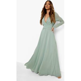 👉 Chiffon Maxi Jurk Met Lange Mouwen En Open Rug, Sage