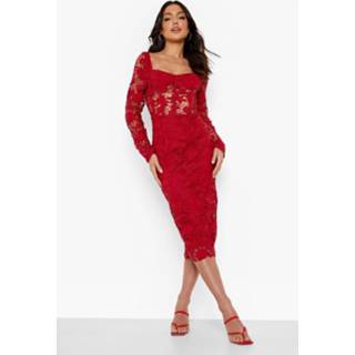 👉 Kanten Midi Jurk Met Lange Mouwen En Cup Detail, Berry