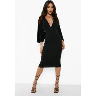 👉 Midi Jurk Met V-Hals En Kimono Mouwen, Black