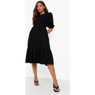 👉 Geplooide Gesmokte Corduroy Midi Jurk Met Pofmouwen, Black