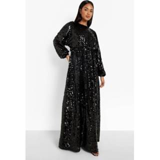 👉 Maxi Jurk Met Pailletten, Open Rug En Shirtmouwen, Black