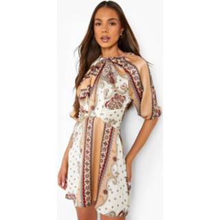 Gedraaide Sjaal Print Skater Jurk, Stone