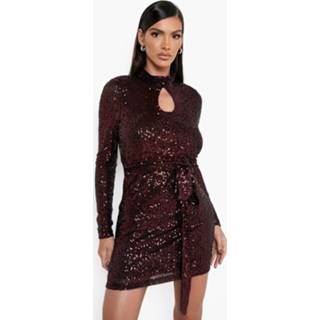 👉 Mini Jurk Met Pailletten, Hoge Hals En Ceintuur, Berry