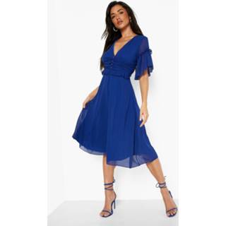 👉 Geplooide Gesmokte Midi Jurk Met Ruches, Navy