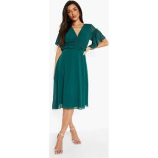 👉 Geplooide Gesmokte Midi Jurk Met Ruches, Bottle Green