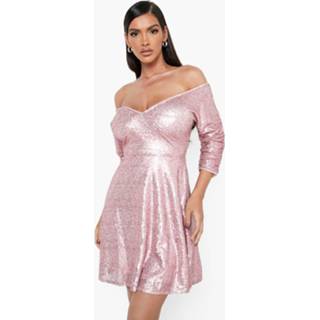 👉 Skater Jurk Met Pailletten, Uitgesneden Hals En Driekwartsmouwen, Pink