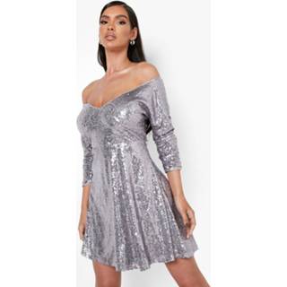 👉 Skater Jurk Met Pailletten, Uitgesneden Hals En Driekwartsmouwen, Silver