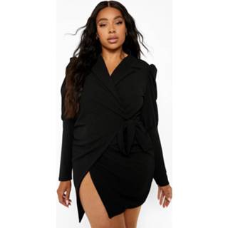 👉 Plus Wikkel Blazer Jurk Met Pofmouwen, Black