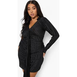 👉 Plus Gedrapeerde Plisse Blouse Jurk, Black