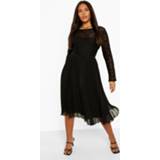 👉 Plus Geplooide Kanten Chiffon Midi Jurk, Black