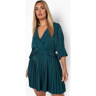 👉 Plus Geweven Geplooide Skater Jurk Met Geplooide Taille, Emerald