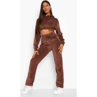 👉 Velours Joggingbroek Met Diepe Taille Band En Rechte Pijpen, Chocolate