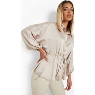 👉 Blous oyster Satijnen Blouse Met Ceintuur En Ballonmouwen,